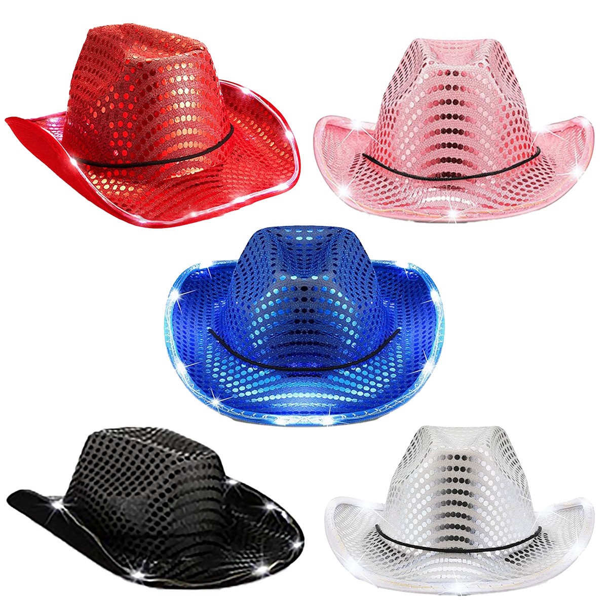 Led Hat Cowboy Sequin Party Cap Flashing Light Up   For Festival
