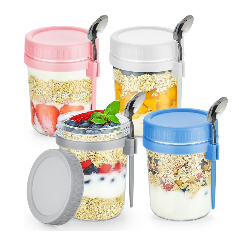 Overnight Containers with Lids and Spoons Glass Mason Jars