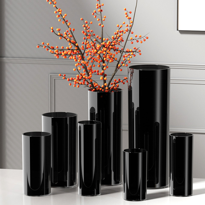 Large round vase, flower container, black wide-mouth straight tube.